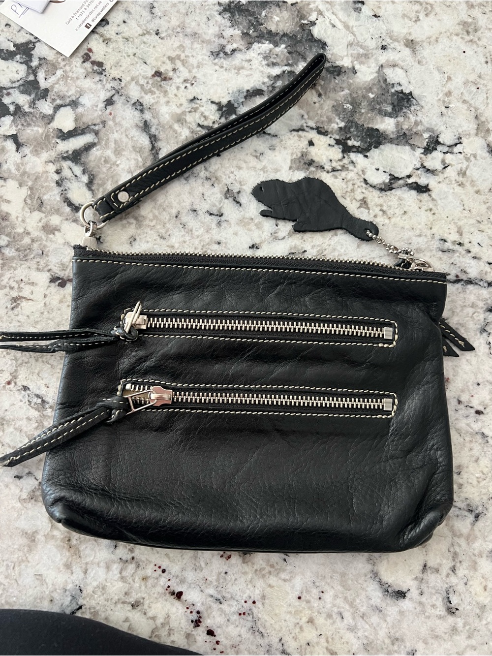 Roots Black Leather Wristlet Clutch with Dual Zippers